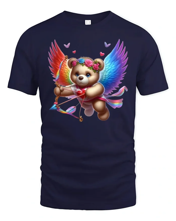 Cute Cupid Bear T-Shirt with Rainbow Wings and Hearts - navy t-shirt on white background