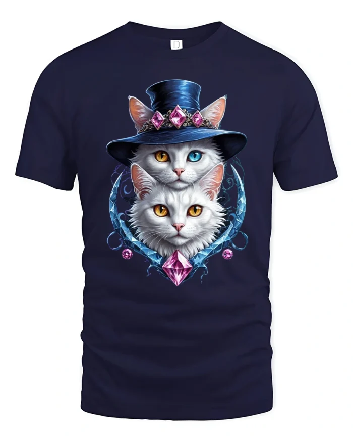 Mystic Twin Cat T-Shirt Magic Gemstone Wizard Tee - navy t-shirt on white background
