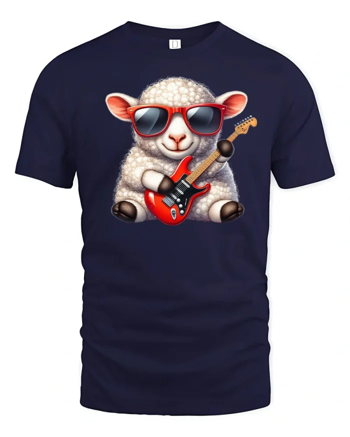 Cool Rocker Sheep T-Shirt Funny Animal Guitar Tee - navy t-shirt on white background