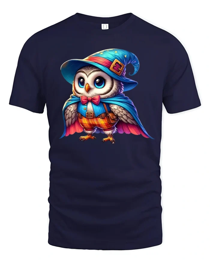 Cute Wizard Owl T-Shirt Magical Fantasy Bird Tee - navy t-shirt on white background