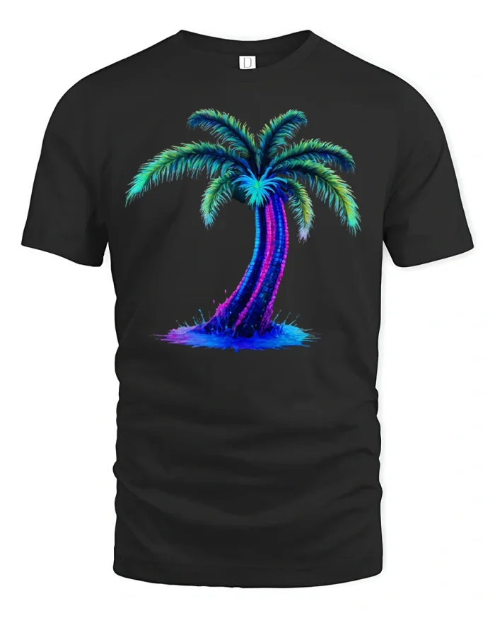 Neon Paradise Palm Tree Splash Art T-Shirt - black t-shirt on white background