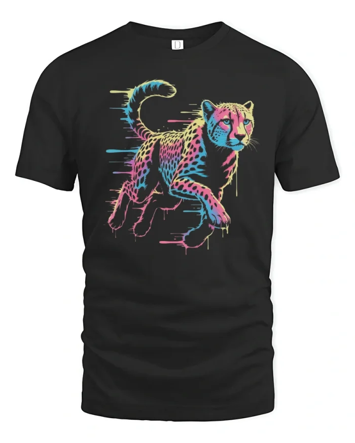 Neon Speed Cheetah Splash Art Graphic T-Shirt - black t-shirt on white background