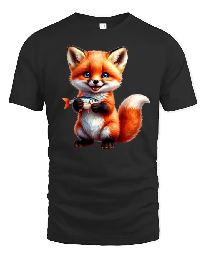 Cute Fox With Fish Funny Cartoon Art T-Shirt - black t-shirt on white background