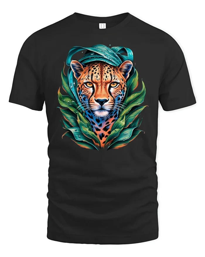 Jungle Spirit Leopard Face Tropical Art T-Shirt - black t-shirt on white background