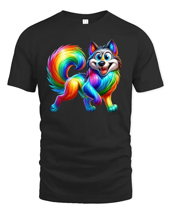 Rainbow Husky Dog Colorful Art Graphic T-Shirt - black t-shirt on white background