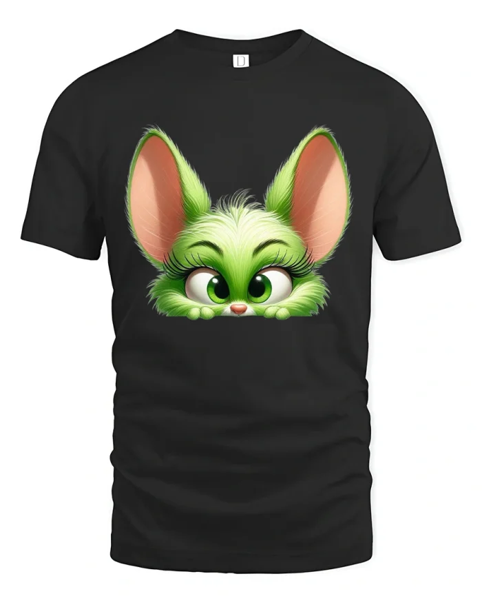Cute Green Bunny Big Ears Cartoon Art T-Shirt - black t-shirt on white background