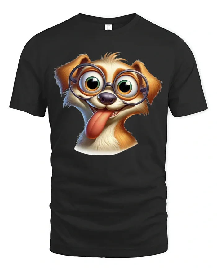 Funny Dog With Glasses Tongue Out Cartoon T-Shirt - black t-shirt on white background