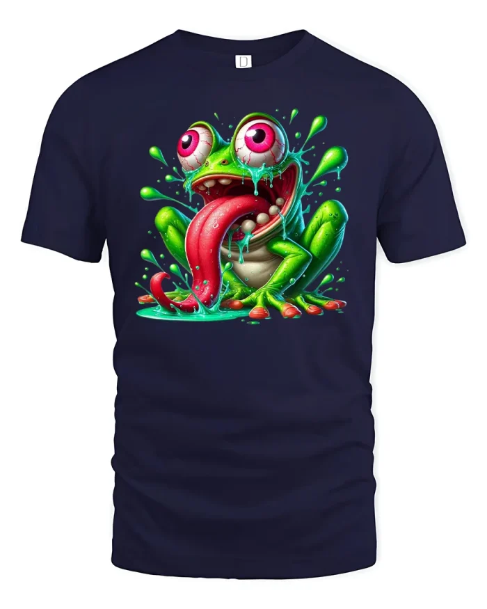 Crazy Frog With Big Eyes Funny Cartoon T-Shirt - navy t-shirt on white background