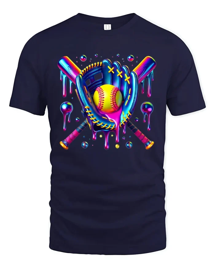 Neon Baseball Glove And Bat Color Splash T-Shirt - navy t-shirt on white background