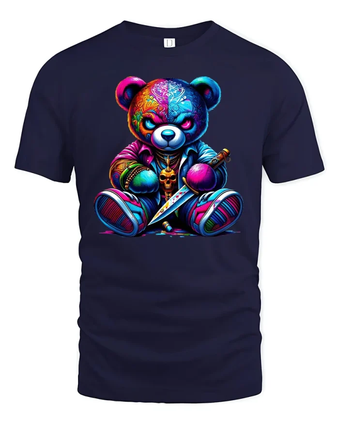 Neon Gangster Teddy Bear Cool Street Art T-Shirt - navy t-shirt on white background