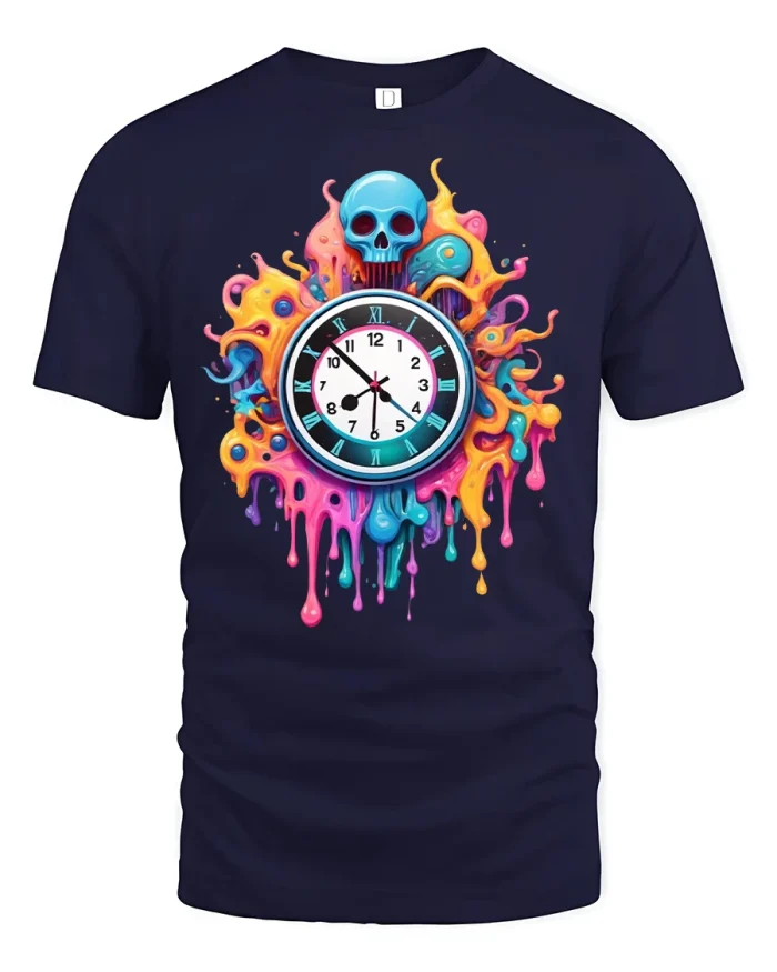 Melting Clock Skull Drip Art Color Splash T-Shirt - navy t-shirt on white background