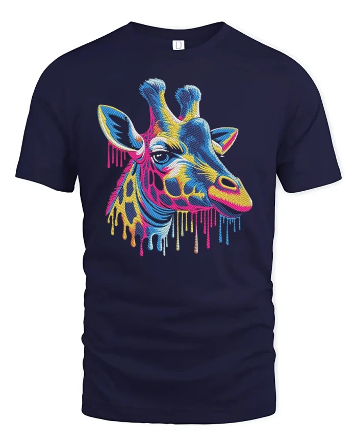 Neon Giraffe Head Drip Art Color Splash T-Shirt - navy t-shirt on white background