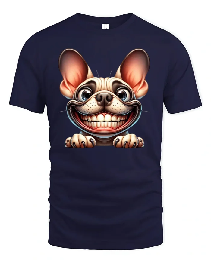 Funny Smiling Bulldog Face Cartoon Art T-Shirt - navy t-shirt on white background