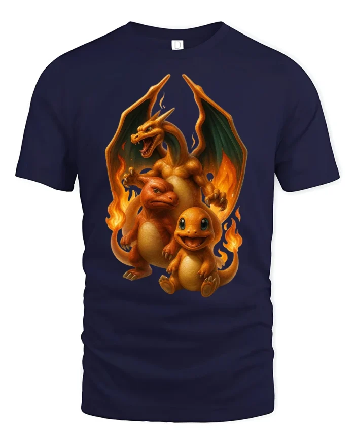 Fire Dragon Evolution Trio Epic Fantasy Art T-Shirt - navy t-shirt on white background