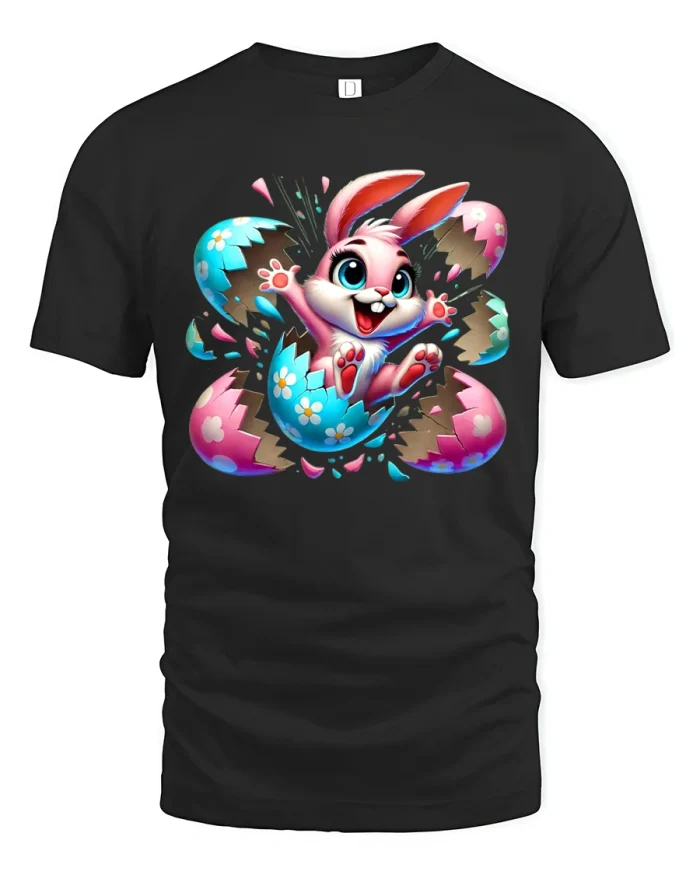 Cute Easter Bunny Cracking Egg Funny Art T-Shirt - black t-shirt on white background