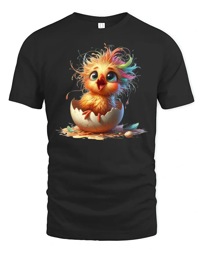 Cute Hatching Chick Funny Spring Art Graphic T-Shirt - black t-shirt on white background