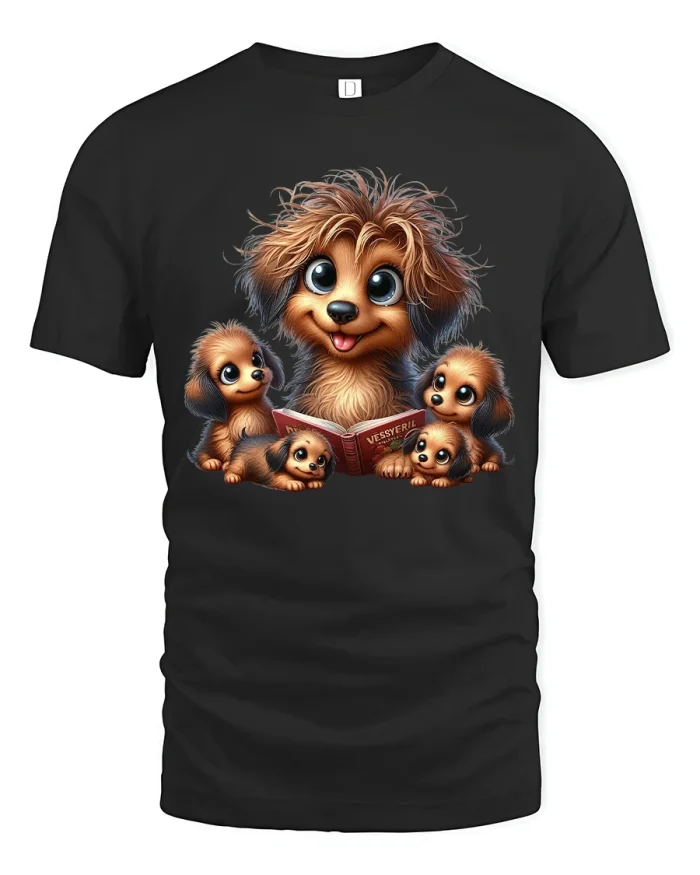 Cute Puppy Family Storytime Adorable Dog Art T-Shirt - black t-shirt on white background