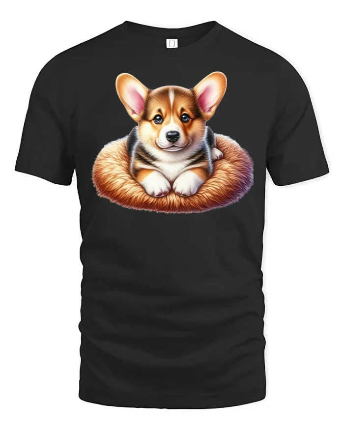 Cute Corgi Puppy in Cozy Bed Dog Lover Art T-Shirt - black t-shirt on white background