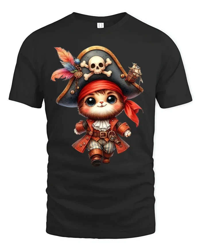 Cute Pirate Cat Funny Adventure Cartoon Art T-Shirt - black t-shirt on white background