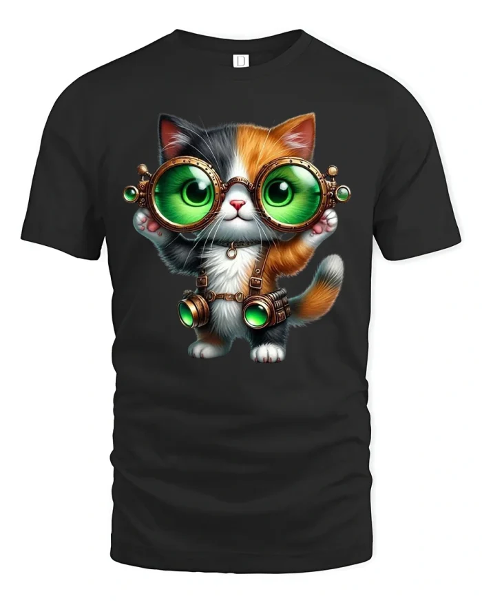 Steampunk Cat with Green Goggles Cute Art T-Shirt - black t-shirt on white background