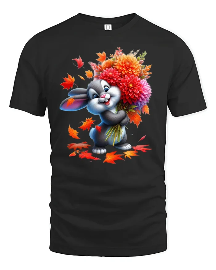 Cute Bunny with Autumn Flowers Adorable Art T-Shirt - black t-shirt on white background
