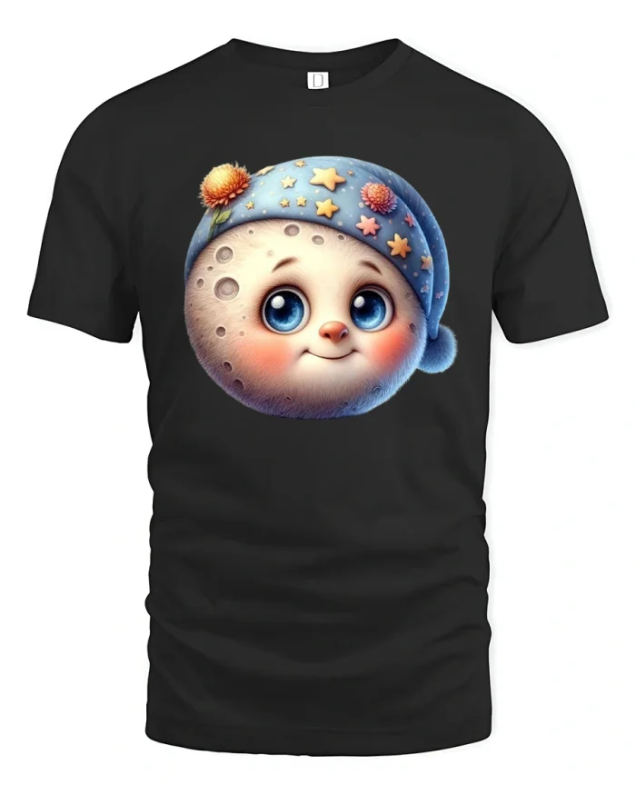 Cute Sleepy Moon Face Starry Night Art T-Shirt - black t-shirt on white background