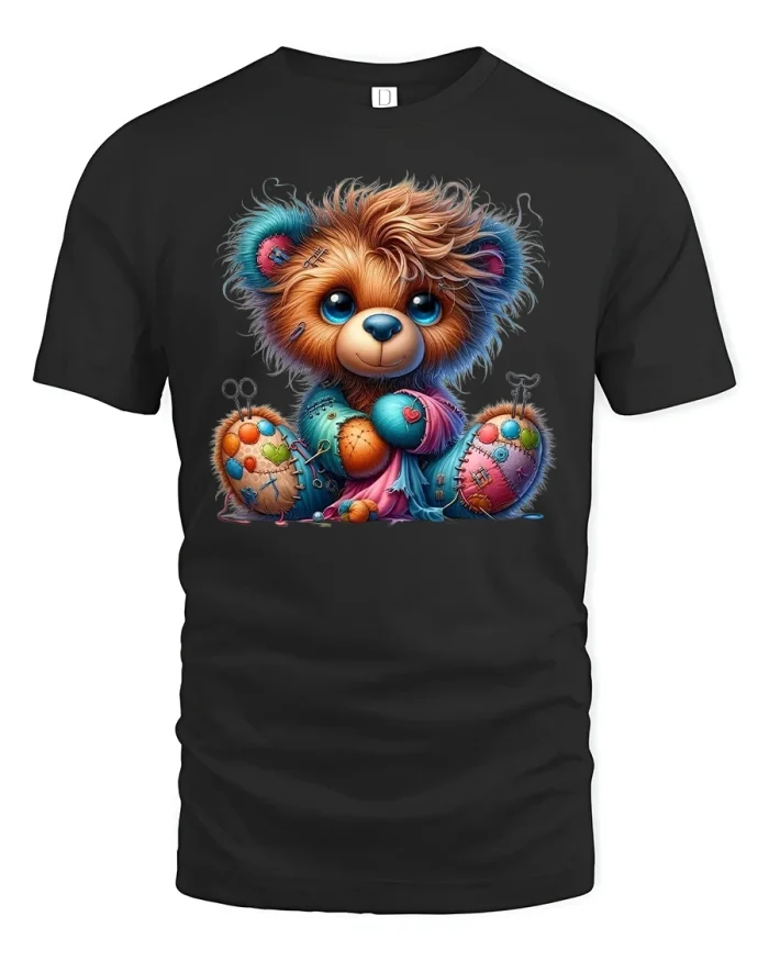 Cute Patchwork Teddy Bear Colorful Art Graphic T-Shirt - black t-shirt on white background