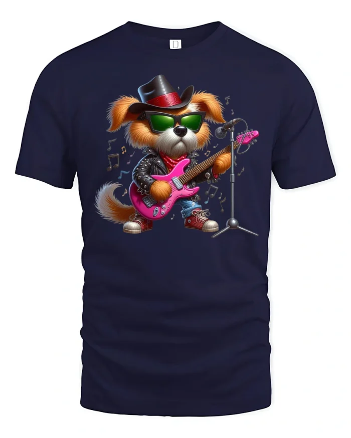 Rockstar Dog Playing Guitar Funny Cool Style T-Shirt - navy t-shirt on white background