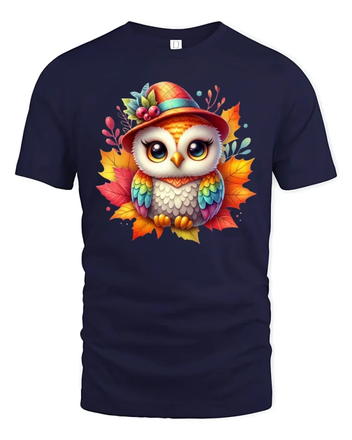 Cute Autumn Owl With Hat Colorful Fall Art T-Shirt - navy t-shirt on white background