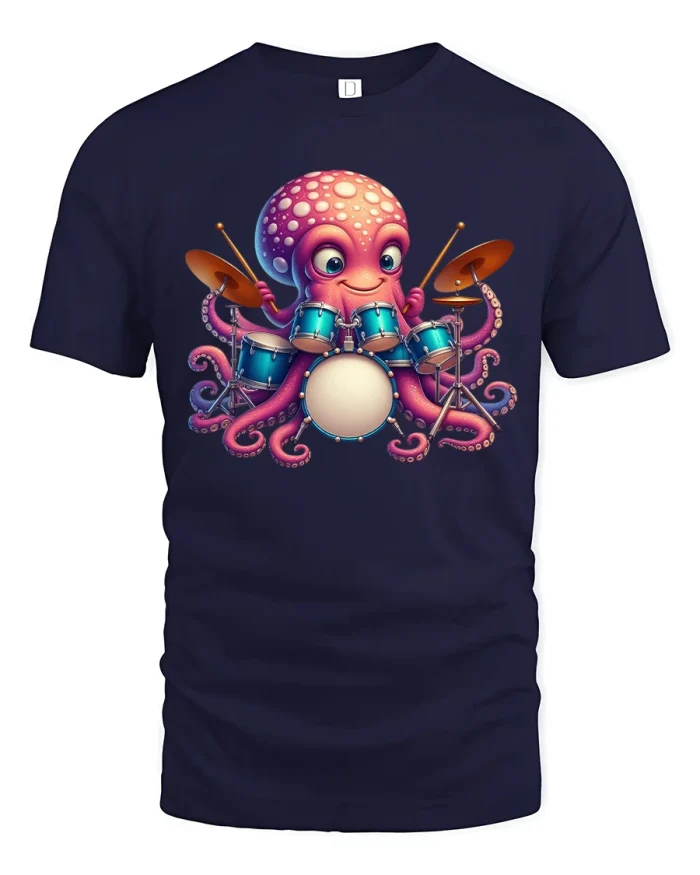 Funny Octopus Playing Drums Cute Music Lover T-Shirt - navy t-shirt on white background