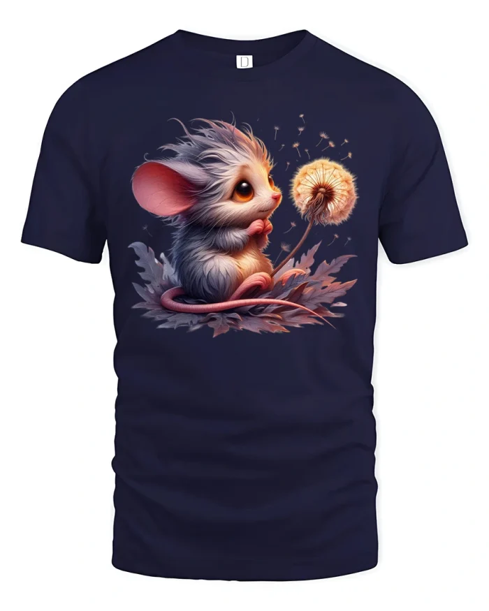 Cute Mouse Holding Dandelion Whimsical Art T-Shirt - navy t-shirt on white background
