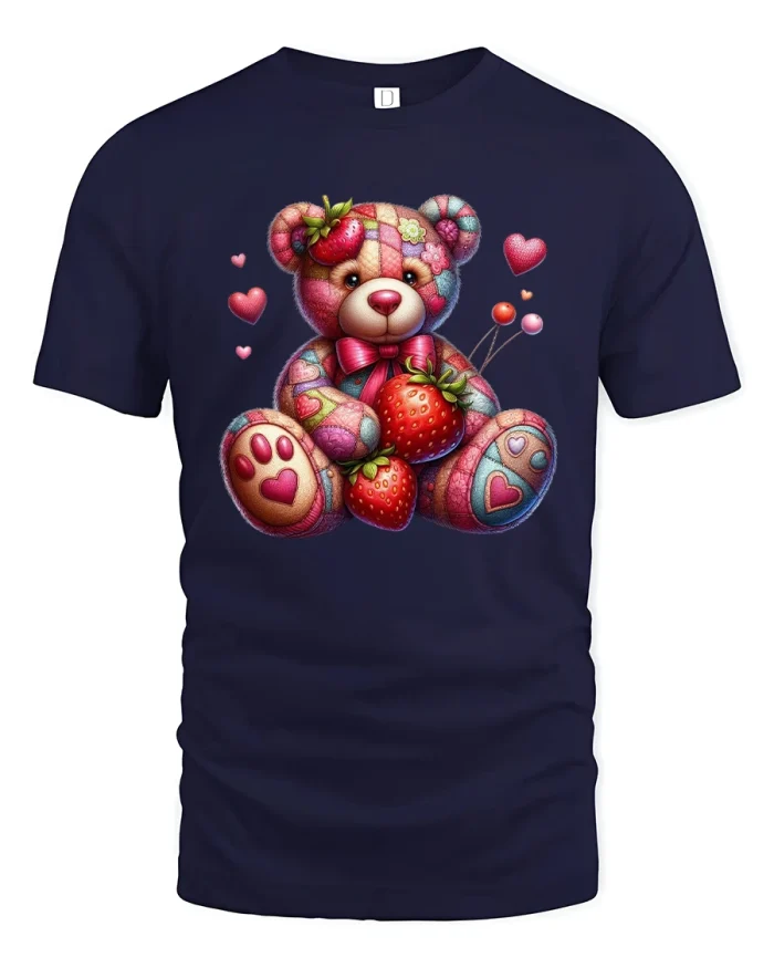 Cute Strawberry Teddy Bear Hearts Sweet Love T-Shirt - navy t-shirt on white background