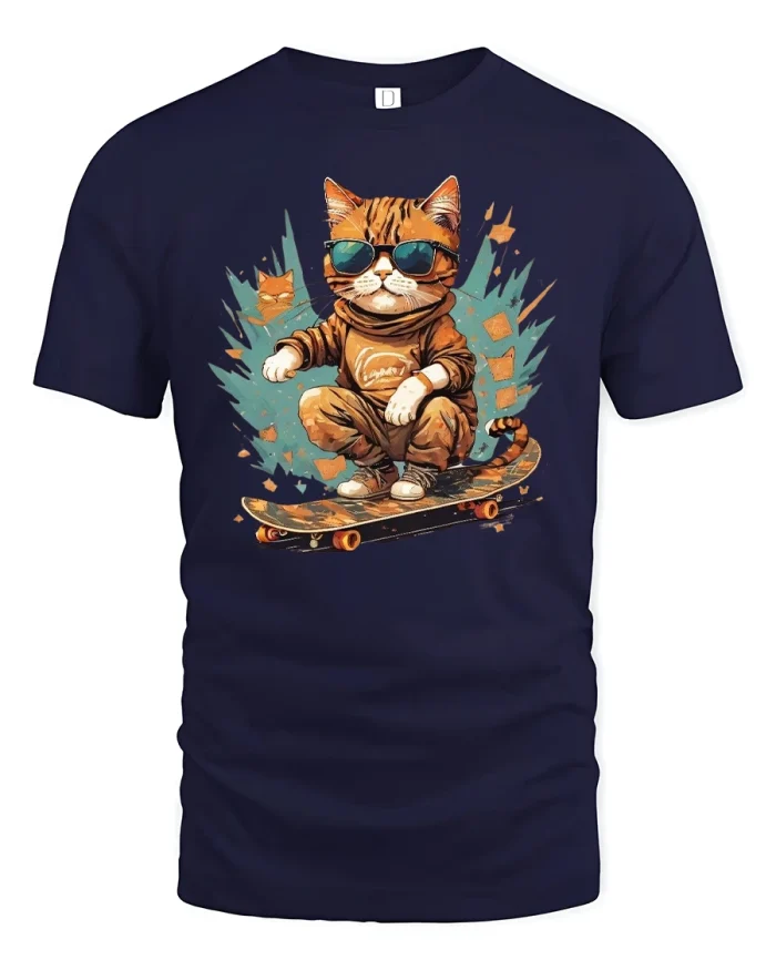 Cool Cat On Skateboard Street Style Graphic T-Shirt - navy t-shirt on white background