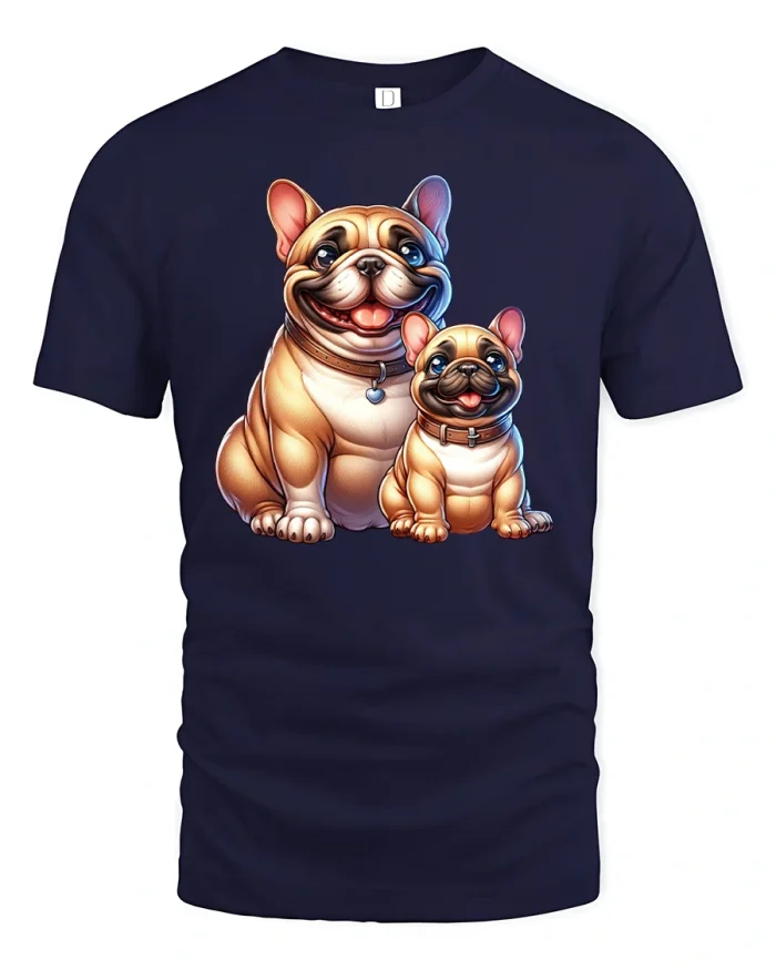 Cute French Bulldog Dad And Pup Cartoon Art T-Shirt - navy t-shirt on white background