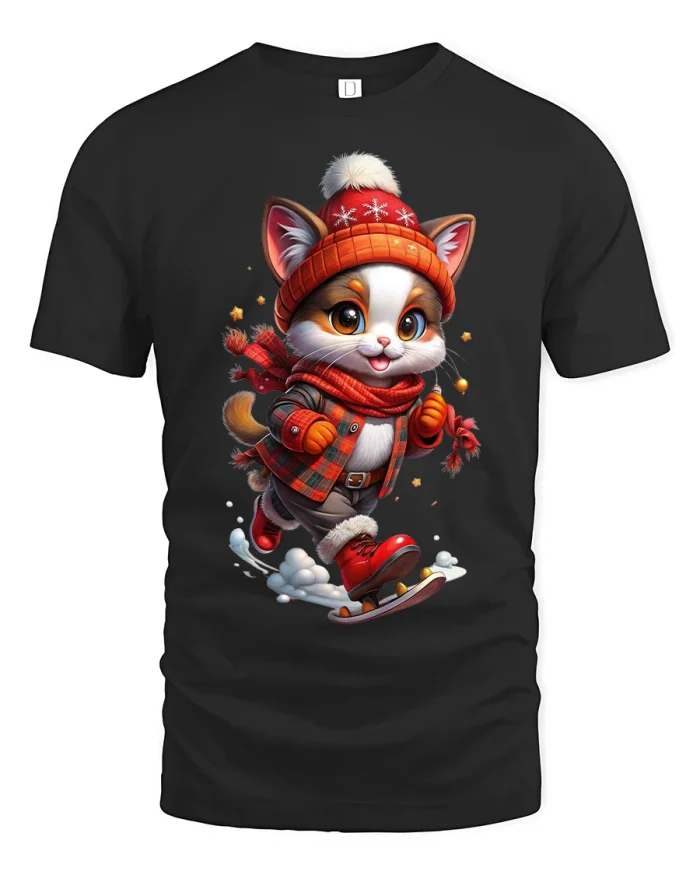Cozy Winter Cat Skating Adventure Graphic Tee - black t-shirt on white background