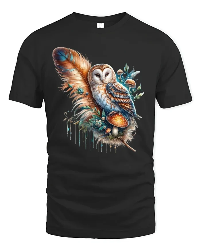 Mystic Owl with Feather and Mushroom Art T-Shirt - black t-shirt on white background