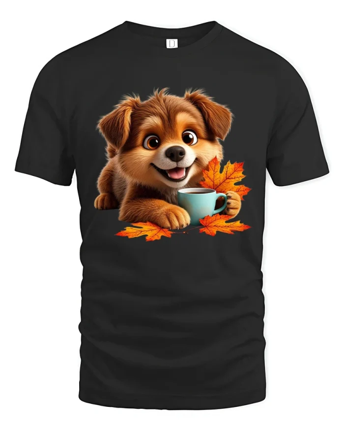 Cozy Autumn Puppy Coffee Lover Graphic T-Shirt - black t-shirt on white background