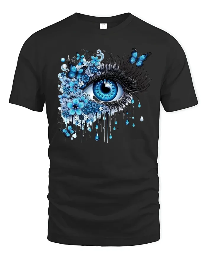 Blue Butterfly Eye Fantasy Art Graphic T-Shirt - black t-shirt on white background