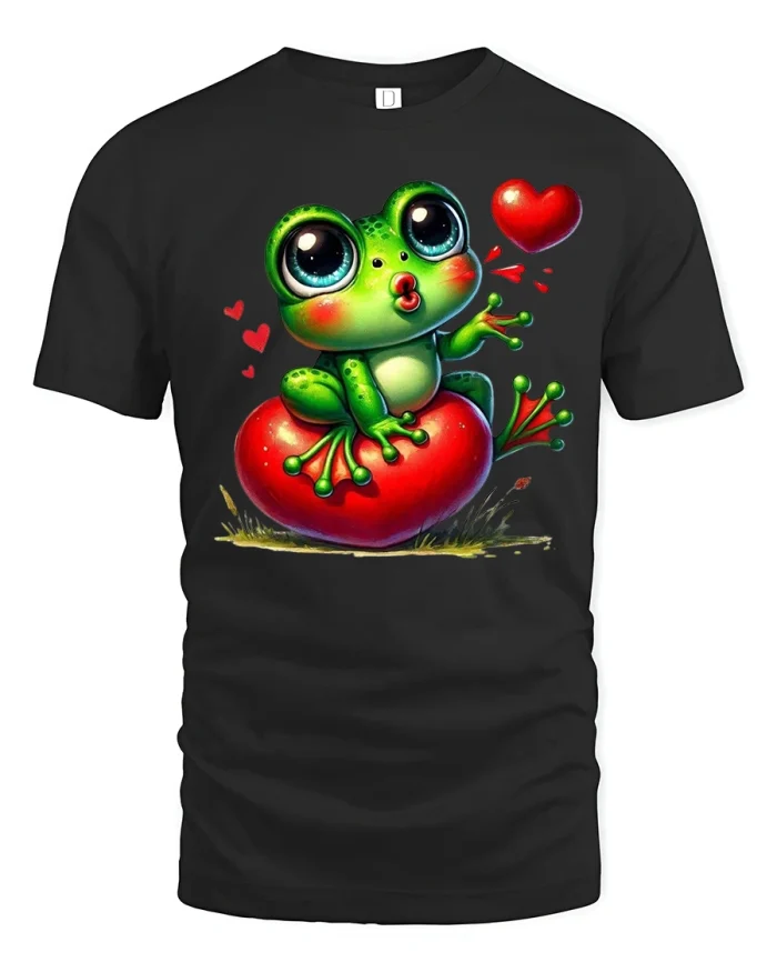 Cute Frog on Heart Funny Valentine Love T-Shirt - black t-shirt on white background