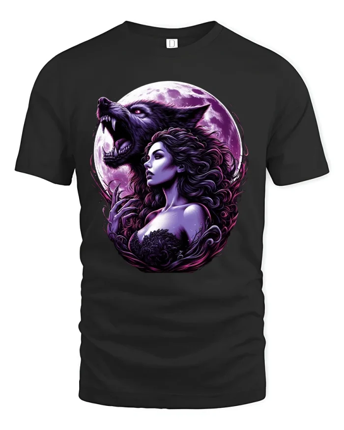 Moonlight Wolf and Woman Fantasy Art T-Shirt - black t-shirt on white background
