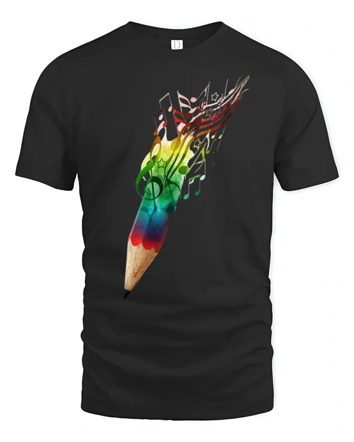 Creative Rainbow Pencil Music Notes Art T-Shirt - black t-shirt on white background
