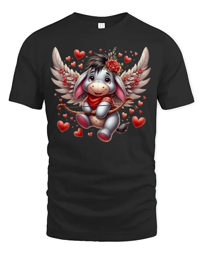 Cute Donkey Cupid with Hearts Valentine T-Shirt - black t-shirt on white background