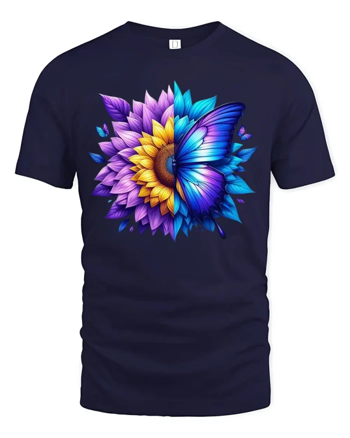 Colorful Butterfly and Sunflower Fusion Art T-Shirt - navy t-shirt on white background