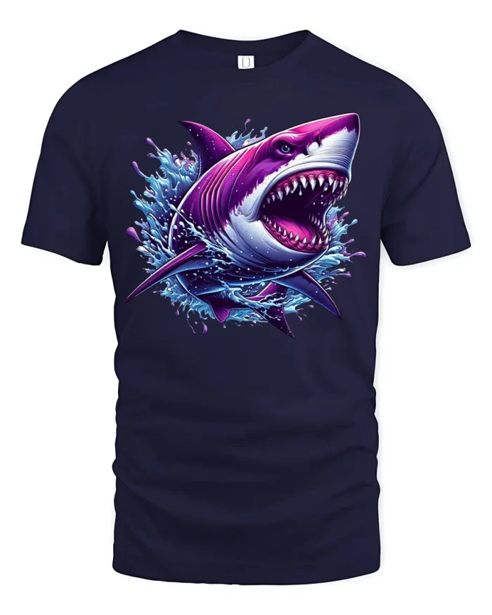 Fierce Purple Shark Splash Attack Graphic T-Shirt - navy t-shirt on white background