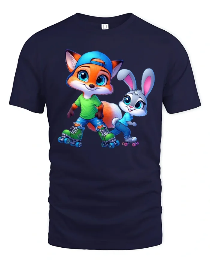 Cute Fox and Bunny Roller Skating Friends T-Shirt - navy t-shirt on white background