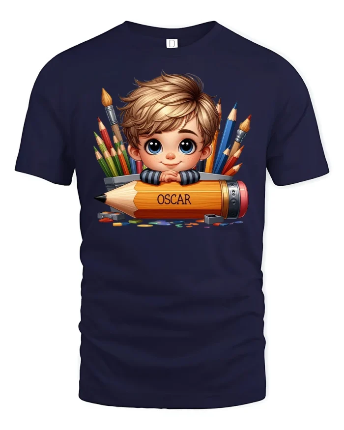 Cute Artist Boy with Pencil and Paint Art T-Shirt - navy t-shirt on white background
