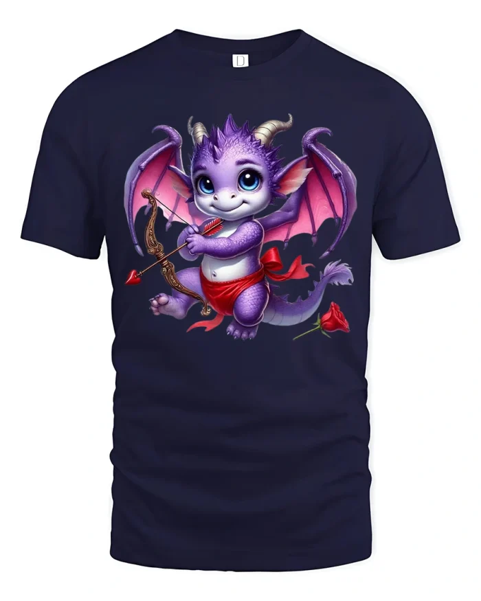 Cute Dragon Cupid with Bow Funny Valentine T-Shirt - navy t-shirt on white background