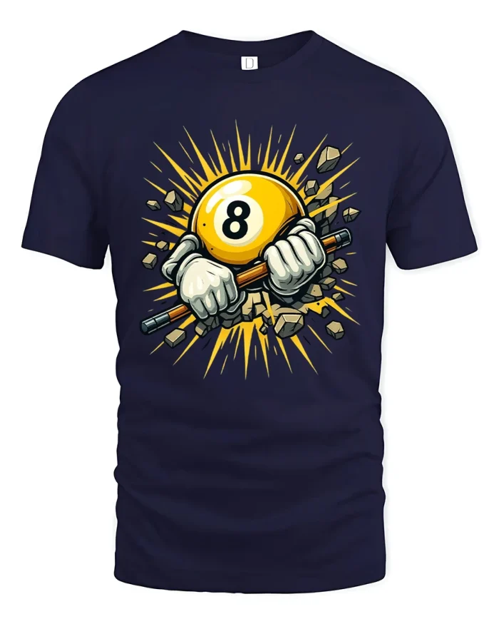 Cool 8 Ball Breaking Wall Pool Player Graphic T-Shirt - navy t-shirt on white background