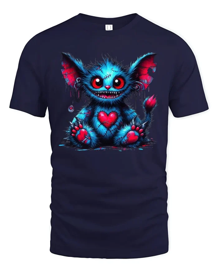 Cute Monster Heart Creepy Plush Horror Art T-Shirt - navy t-shirt on white background