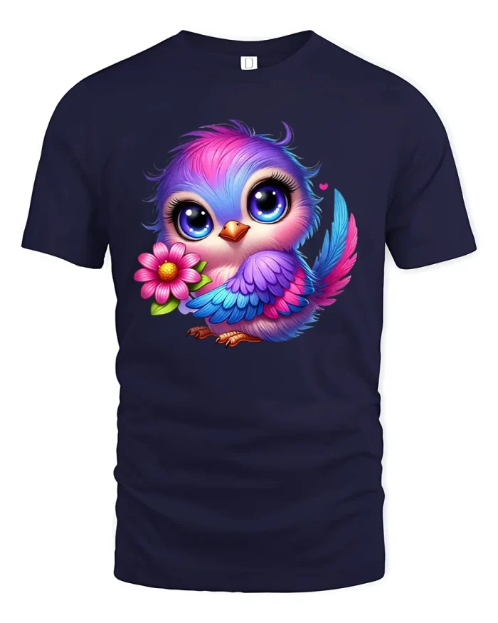 Cute Colorful Bird with Flower Graphic Art T-Shirt - navy t-shirt on white background